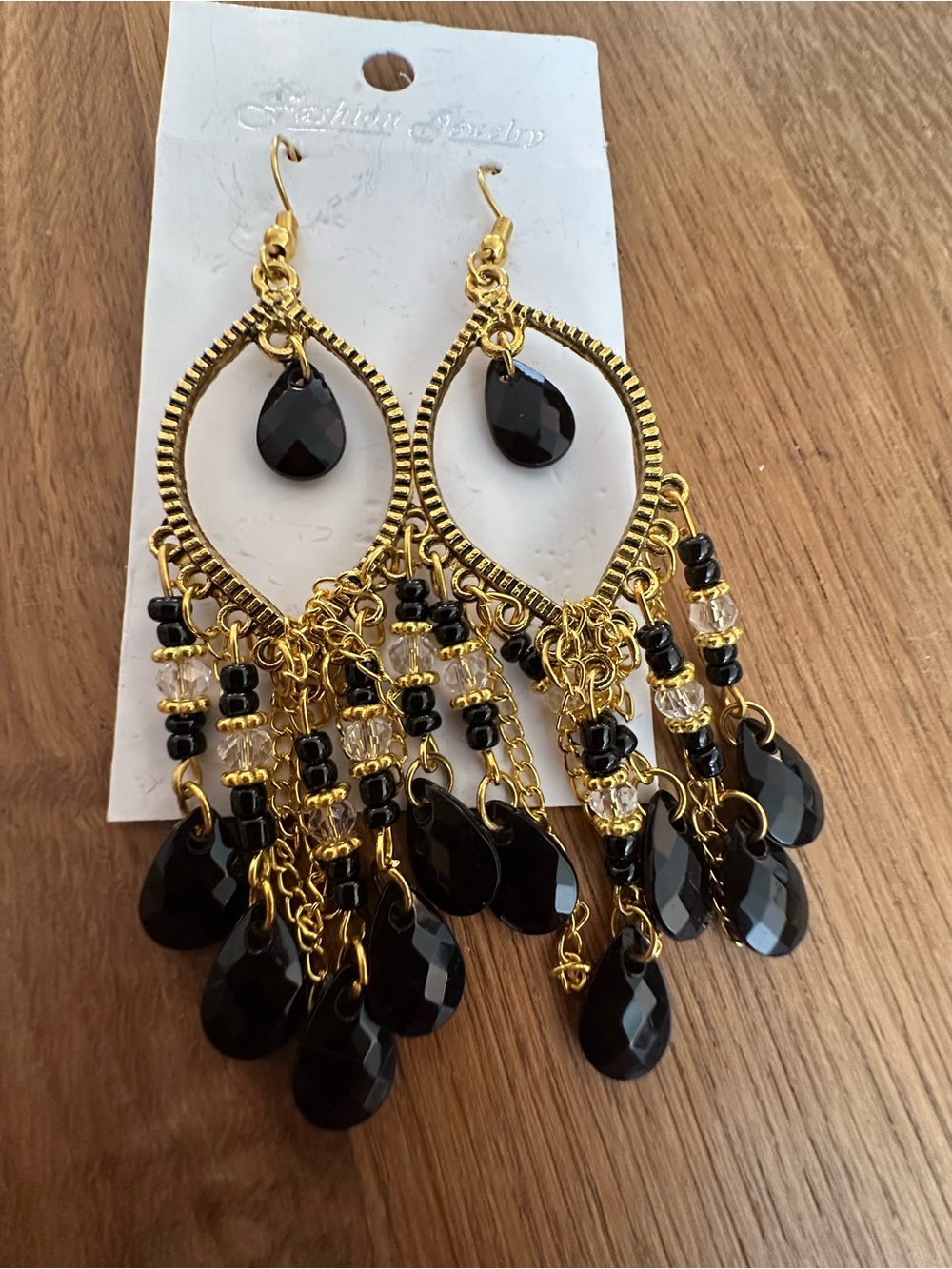Fashion Jewelry Gold-Tone Chandelier Earrings with Black Beads